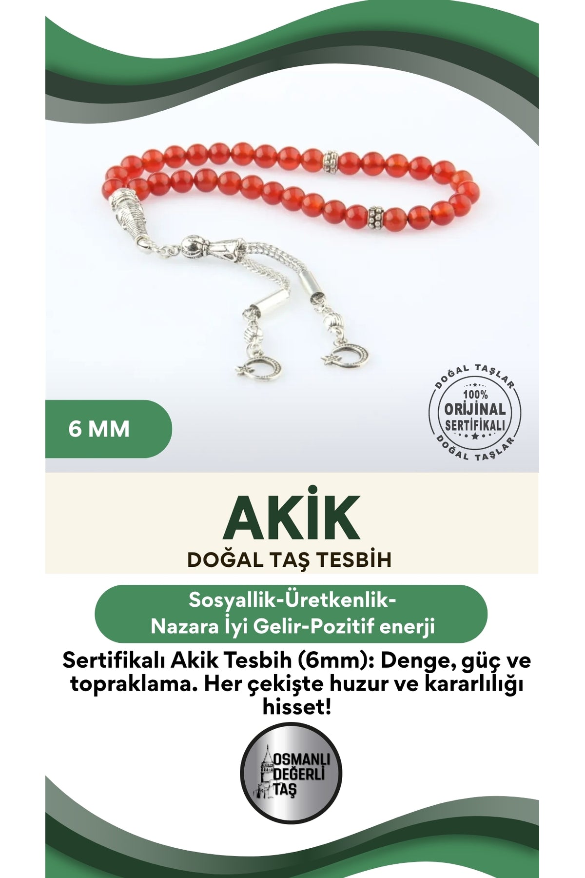 Sertifikalı Akik Doğaltaş Tesbih 6 Mm, T199