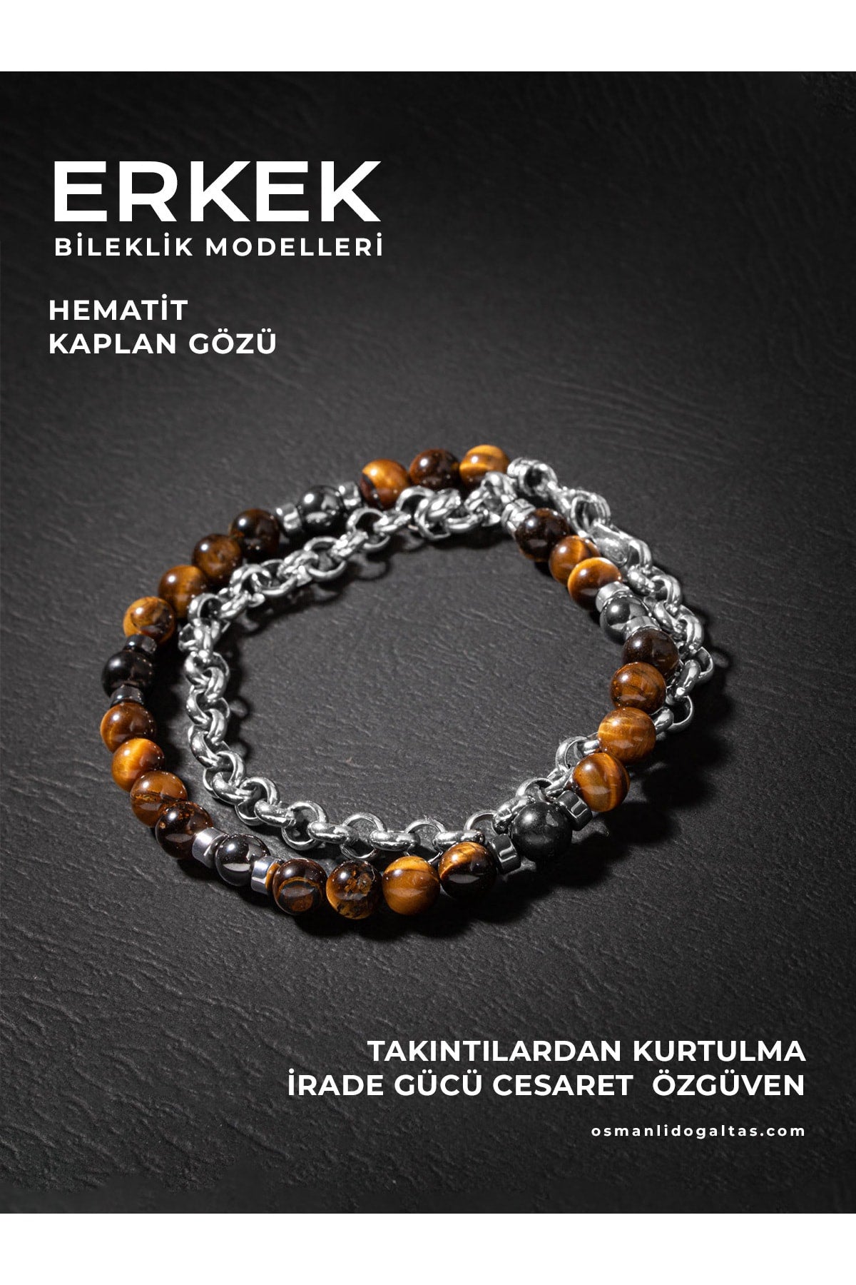 SERTİFİKALI KAPLAN GÖZÜ HEMATİT DOĞAL TAŞLI ÇİFT ZİNCİR 925 AYAR GÜMÜŞ TASARIM BİLEKLİK