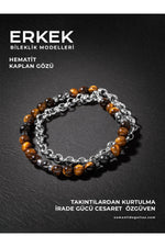 SERTİFİKALI KAPLAN GÖZÜ HEMATİT DOĞAL TAŞLI ÇİFT ZİNCİR 925 AYAR GÜMÜŞ TASARIM BİLEKLİK