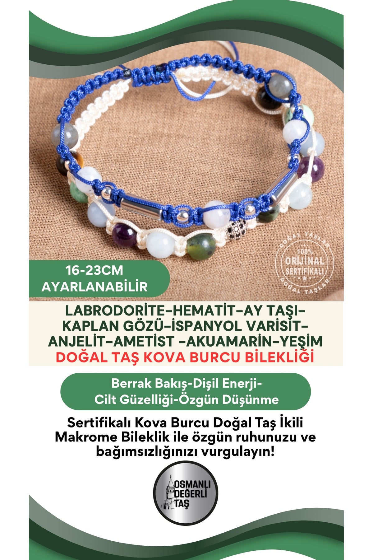 SERTİFİKALI Kova Burcu Doğal Taş İkili Makrome Bileklik