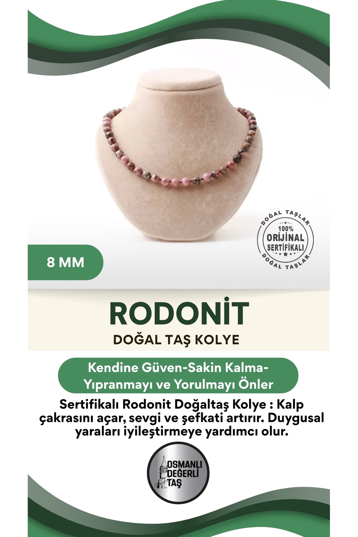Sertifikalı Rodonit Doğaltaş Kolye 8 Mm, M540