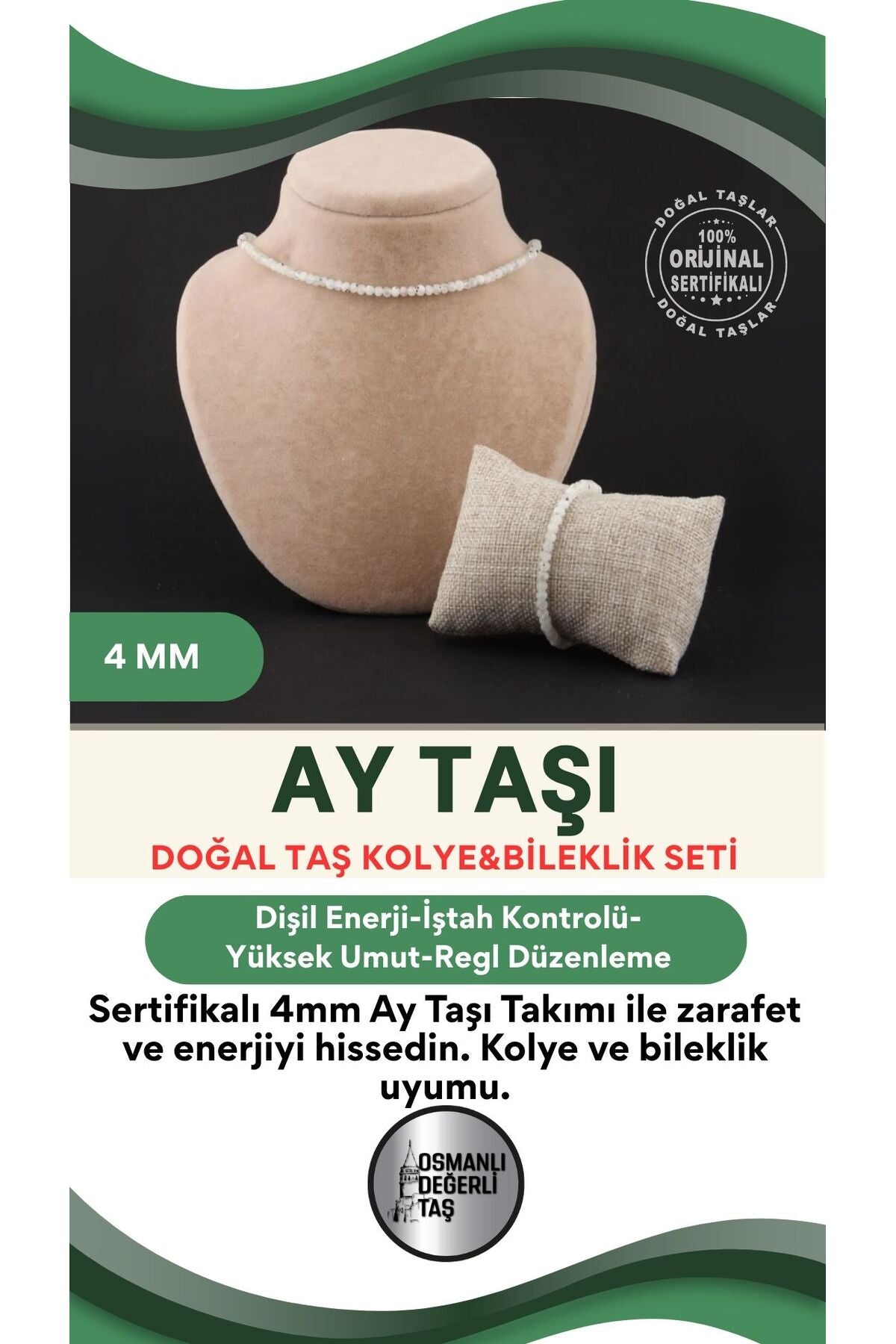 Sertifikalı Ay Taşı Kolye Bileklik Takım 4 mm