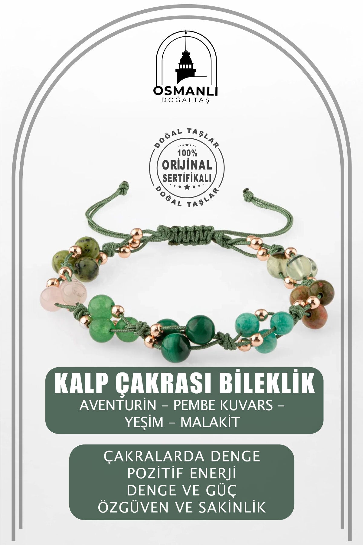 Sertifikalı Kalp Çakrası Aventurin, Pembe Kuvars, Yeşim, Malakit Doğal Taşlı Makrome Bileklik