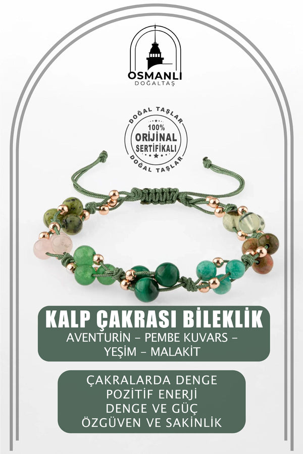 Sertifikalı Kalp Çakrası Aventurin, Pembe Kuvars, Yeşim, Malakit Doğal Taşlı Makrome Bileklik