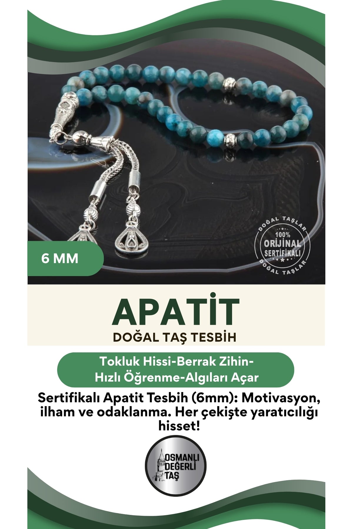Sertifikalı Apatit Doğaltaş Tesbih 6 Mm, T202