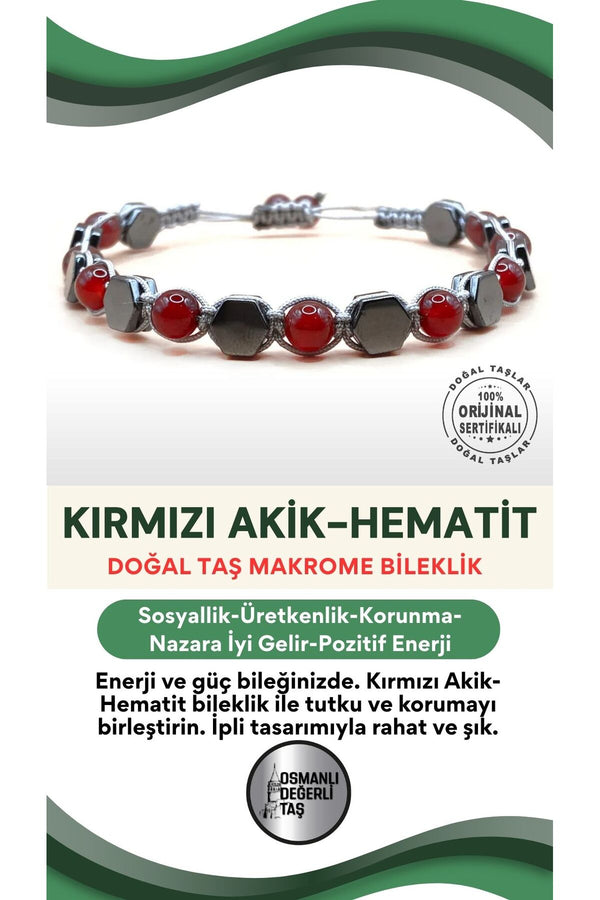 Kırmızı Akik-Hematit Doğal Taş Bileklik Taş Üzeri İpli Model