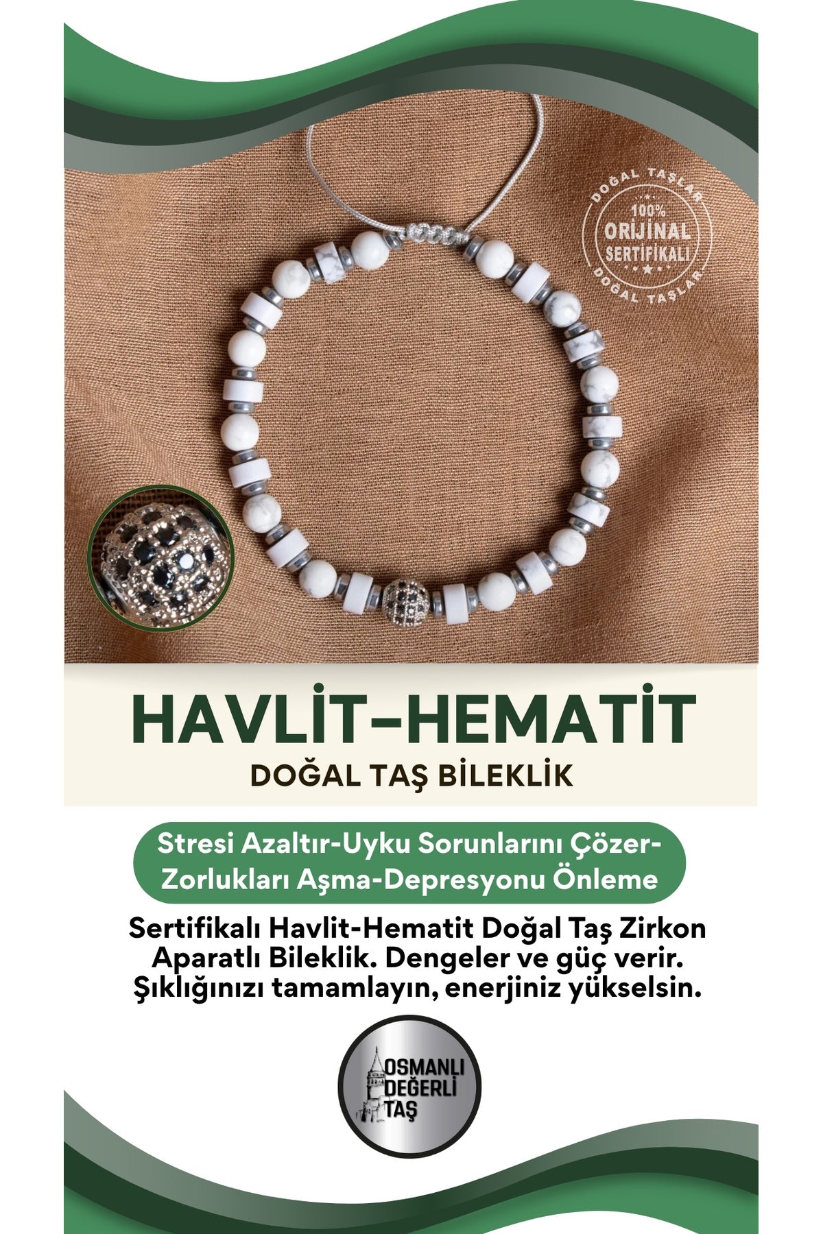 SERTİFİKALI havlit - hematit Doğal Taş Zirkon Aparatlı Bileklik