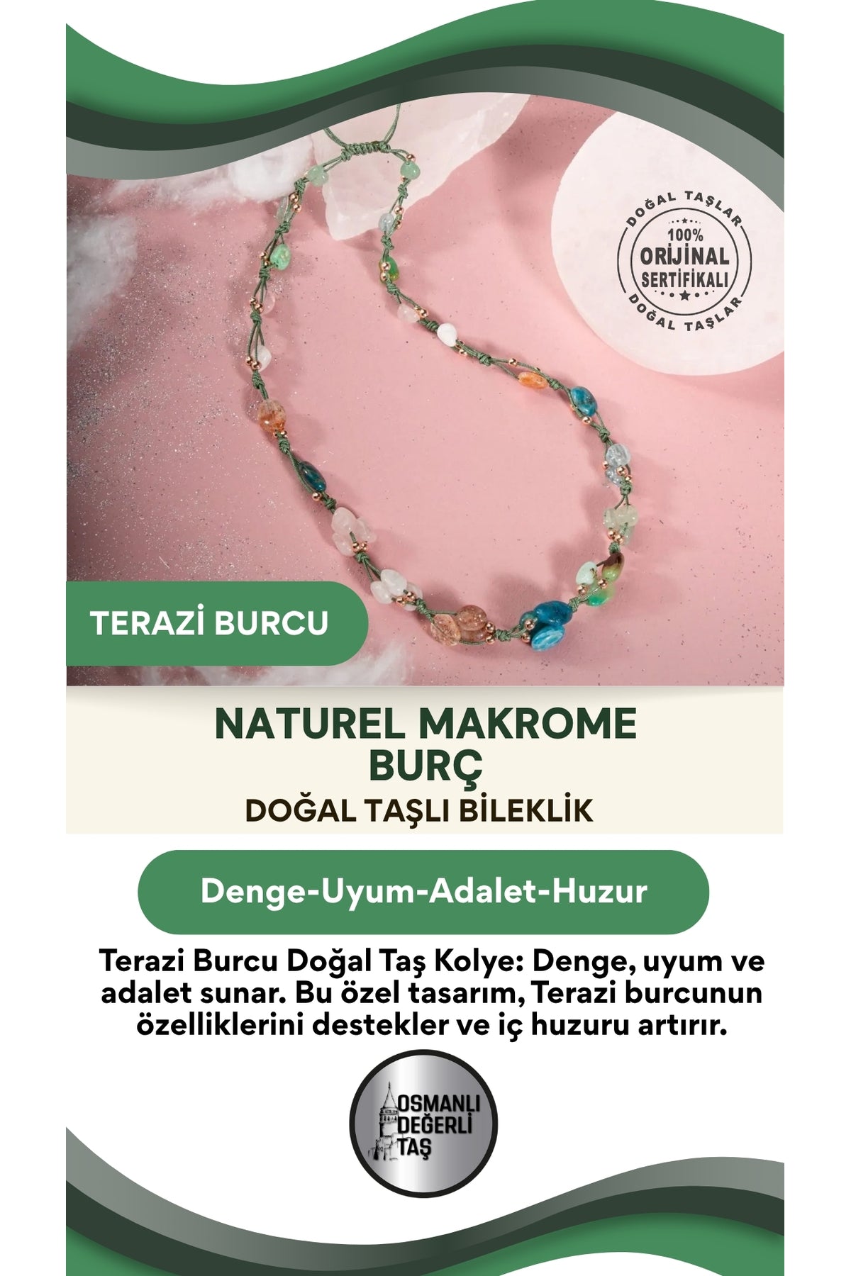 Terazi Burcu Doğal Taş Natürel Makrome Kolye