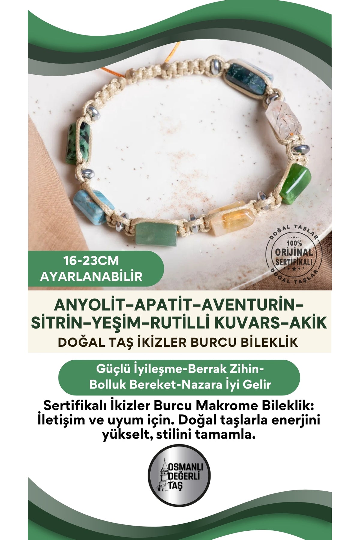 SERTİFİKA İkizler Burcu Doğal Taş Makrome Ayarlanabilir Bileklik
