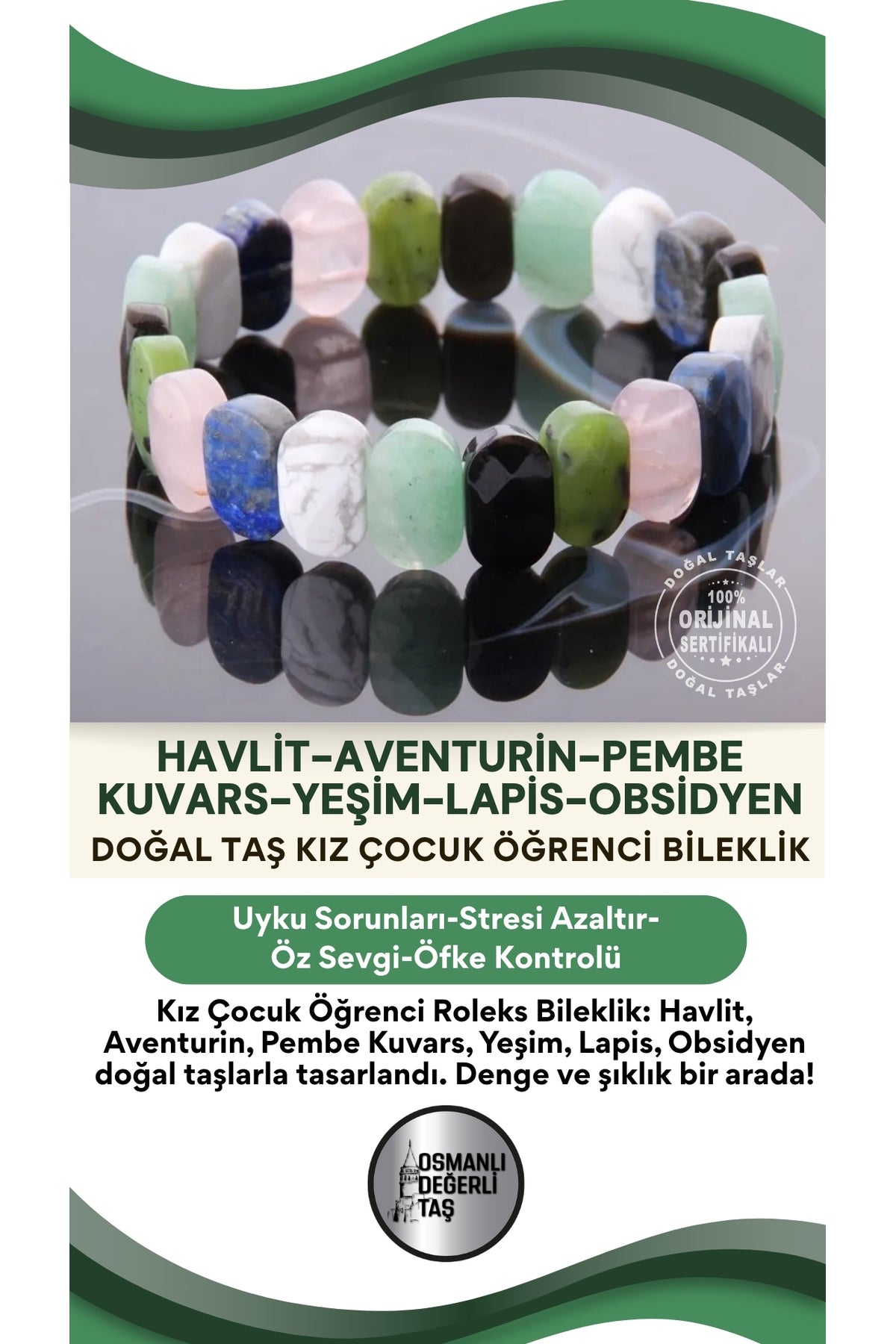 Kız Çocuk Öğrenci Roleks Bileklik-havlit-aventurin-pembe Kuvars-yeşim-lapis-obsidyen Doğal Taş B143