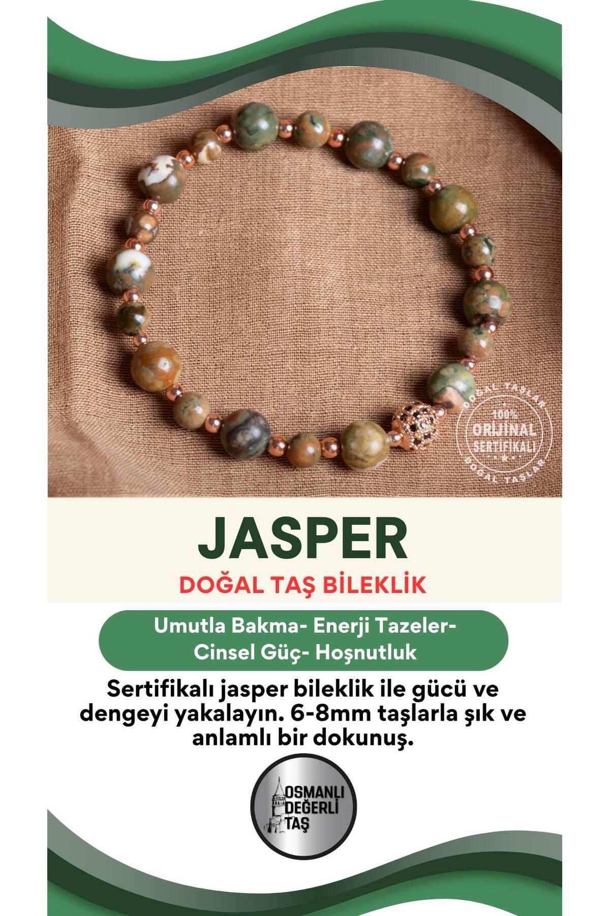 SERTİFİKALI Jasper Doğal Taş Bileklik 6-8 mm