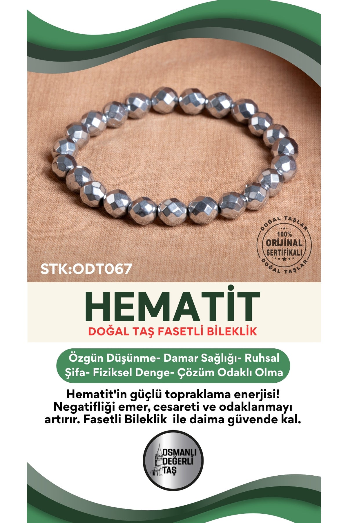 Sertifikalı Hematit Doğal Taş Fasetli Bileklik ODT067