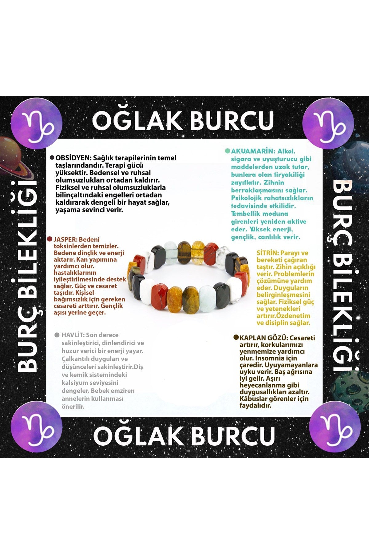 Sertifikalı Oğlak Burcu Roleks Bileklik Obsidyen-akuamarin-jasper-sitrin-havlit-kaplan Gözü