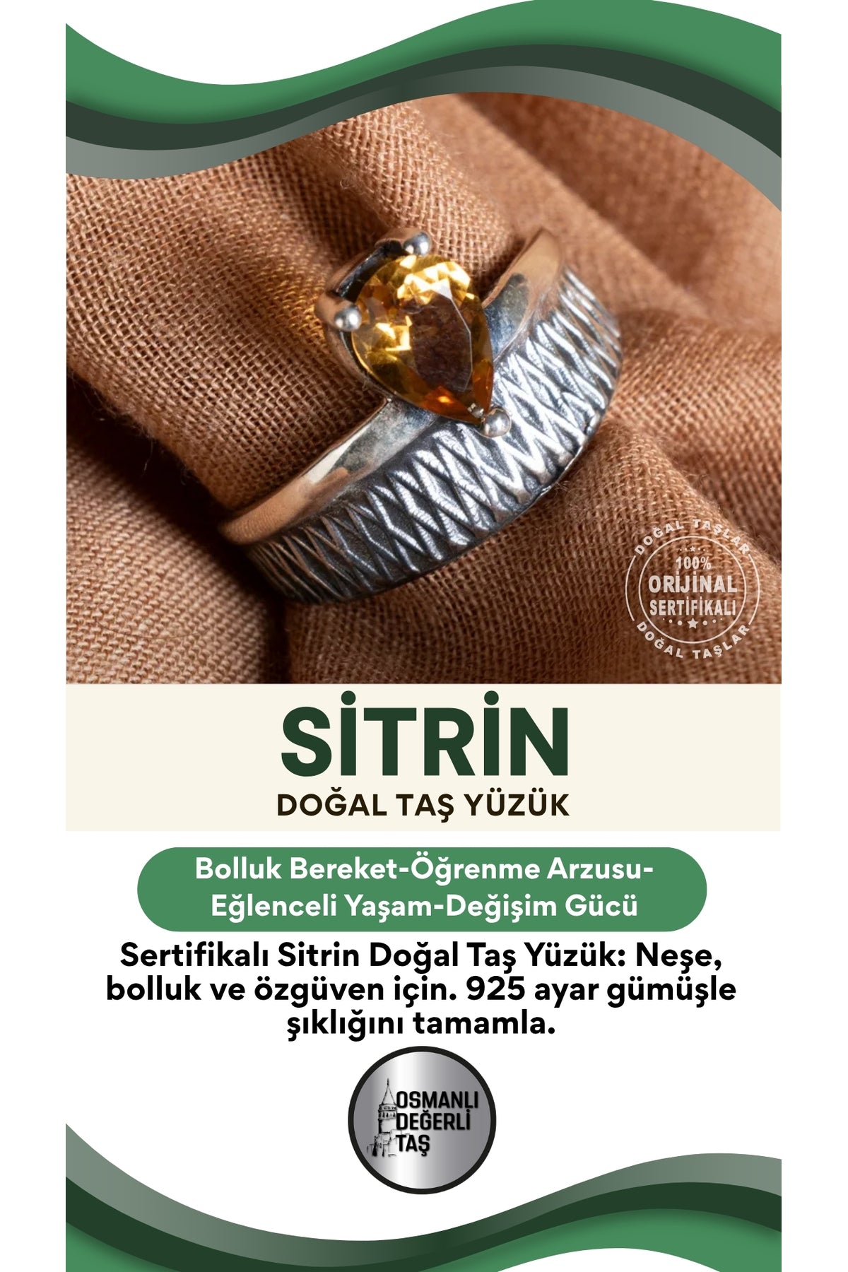 SERTİFİKALI Sitrin Doğal Taş 925 Ayar Gümüş Yüzük
