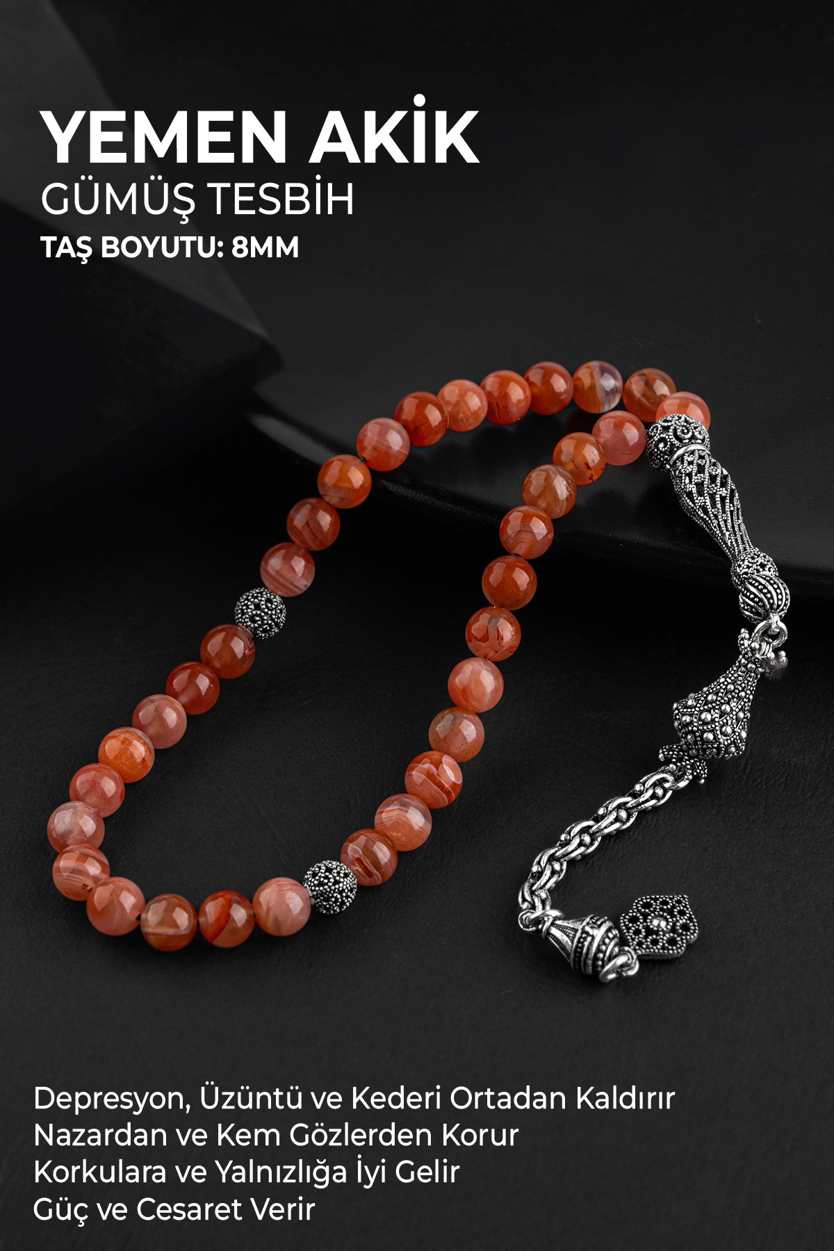 Sertifikalı Yemen Akik Doğal Taş 33'lük Gümüş Tesbih