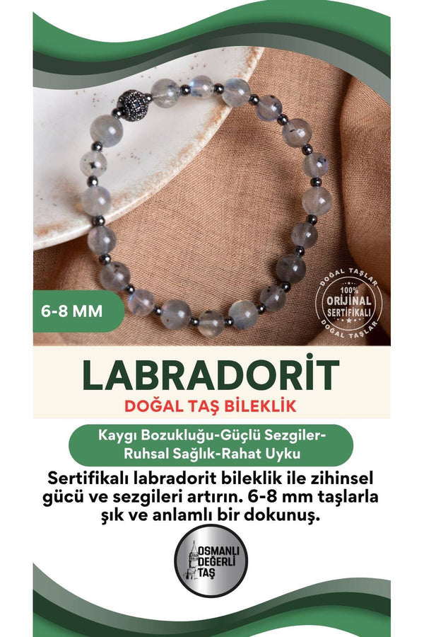 SERTİFİKALI Labrodorite Doğal Taş Bileklik 6-8 mm