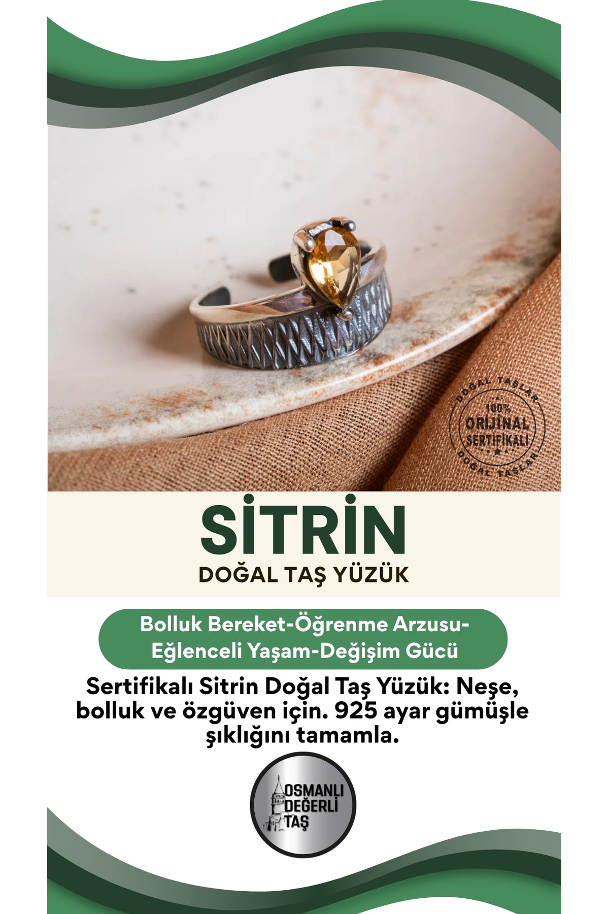SERTİFİKALI Sitrin Doğal Taş Yüzük (925 ayar gümüş )