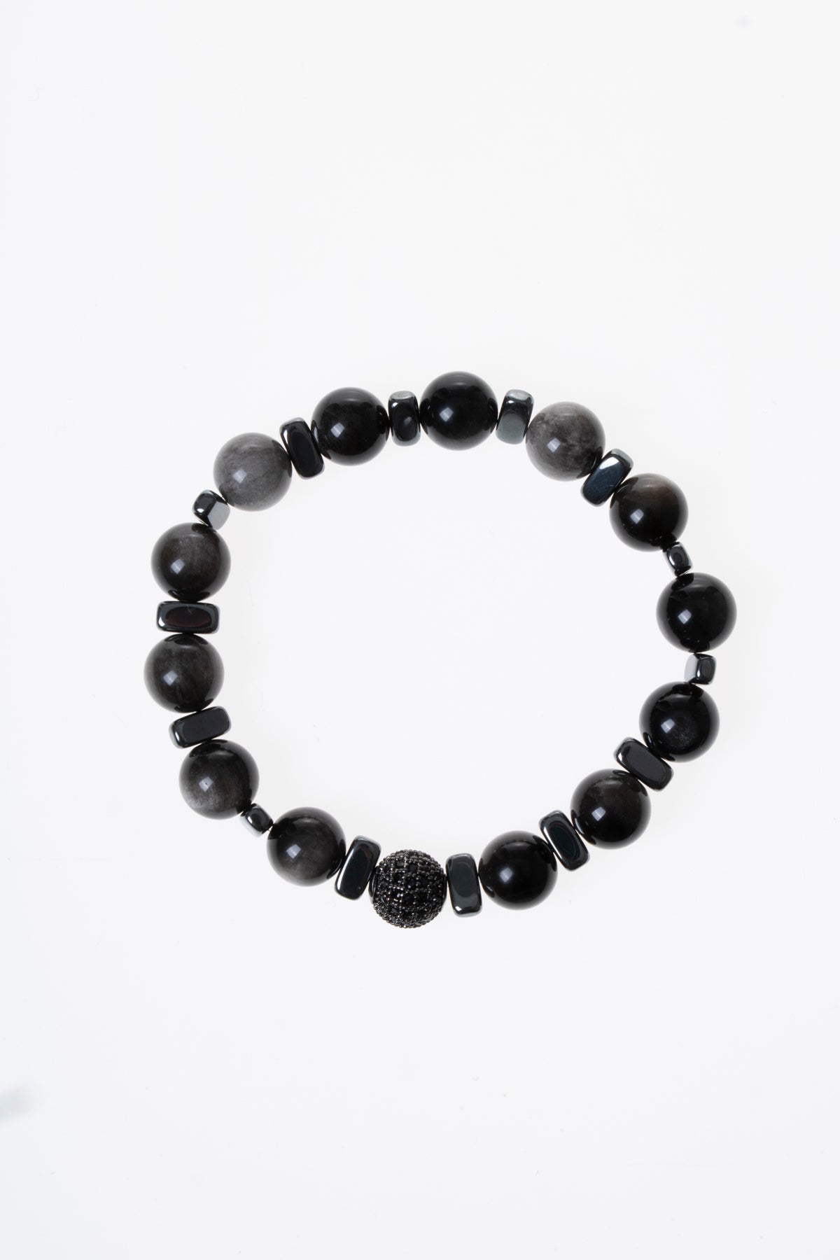 SERTİFİKALI Silver Obsidyen-Hematit Doğal Taş Zirkon Aparat Bileklik ODT199