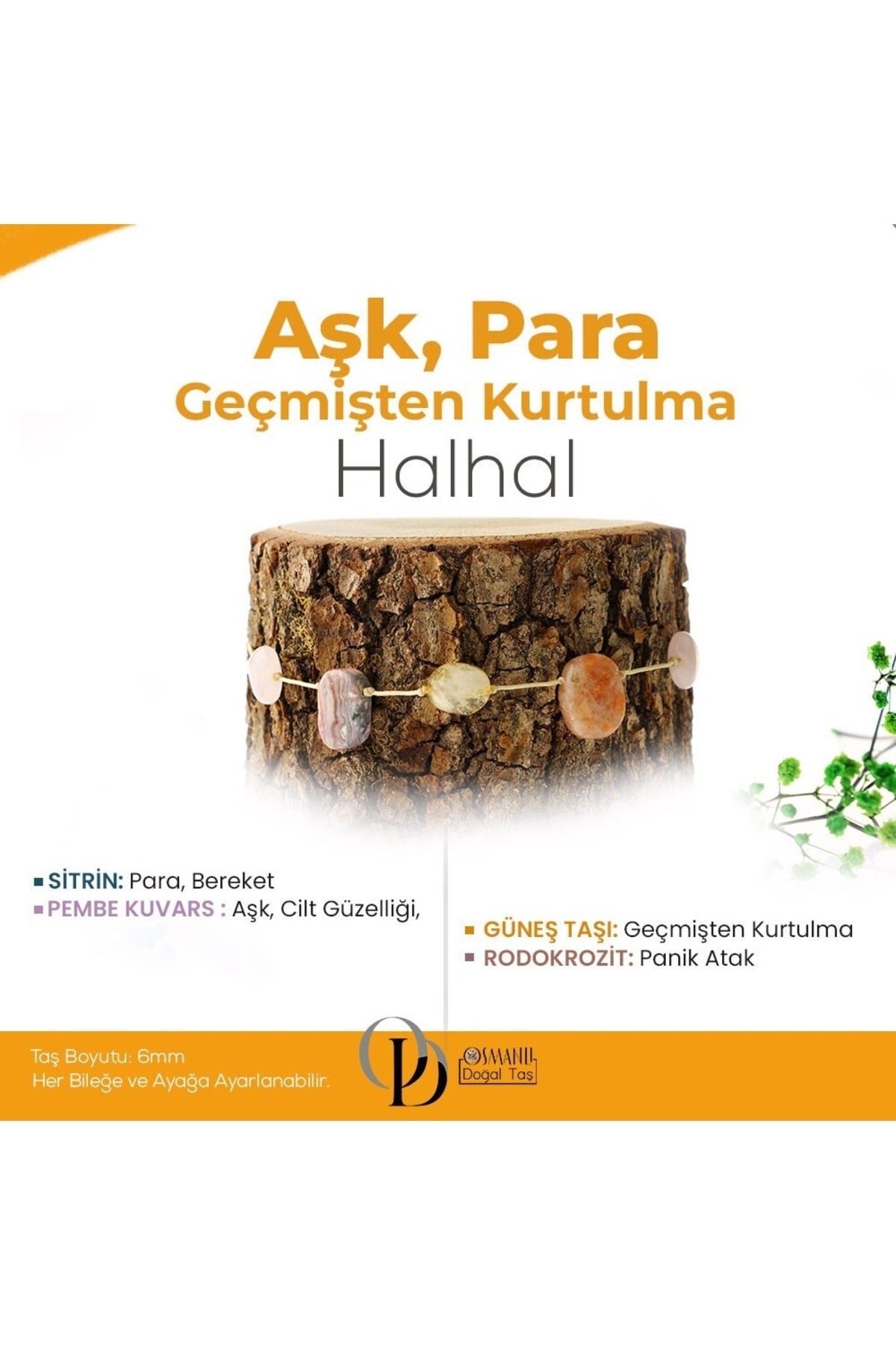 Sertifikalı Sitrin, Pembe Kuvars, Güneş Taşı, Rodokrozit Doğaltaş Halhal 6 Mm, B931