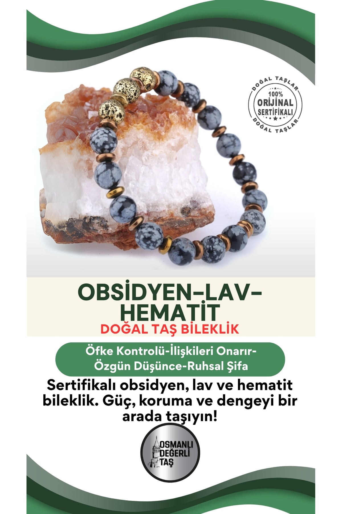 Sertifikalı Doğal Taş Bileklik - Obsidyen,lav,hematit