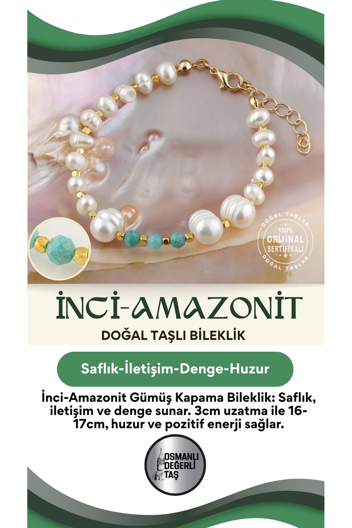 Inci-amazonit Doğal Taş Gümüş Kapama Bileklik (3CM UZATMA İLE BİRLİKTE) - 16-17cm