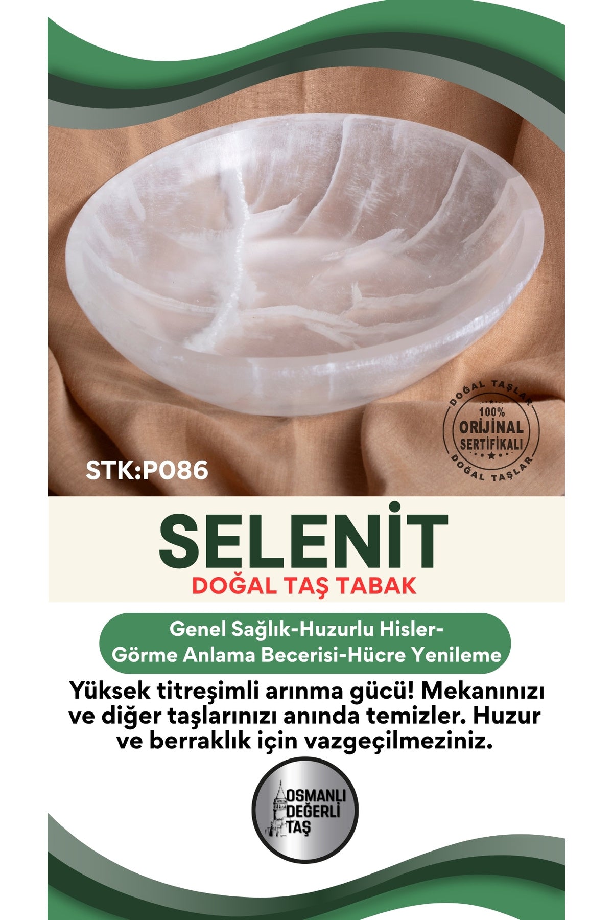 Sertifikalı Selenit Doğal Taş Yuvarlak Tabak No:6 P086
