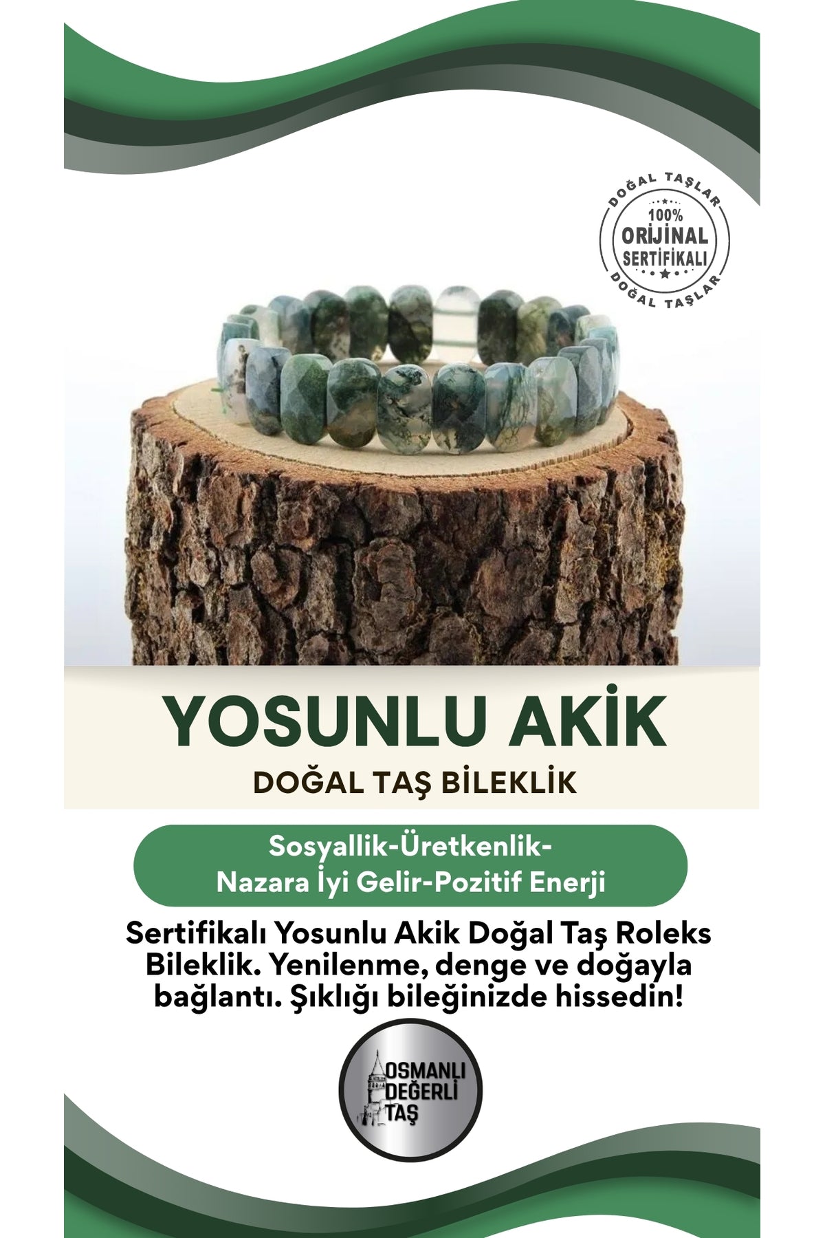 Sertifikalı Yosunlu Akik Doğal Taş Roleks Bileklik B711