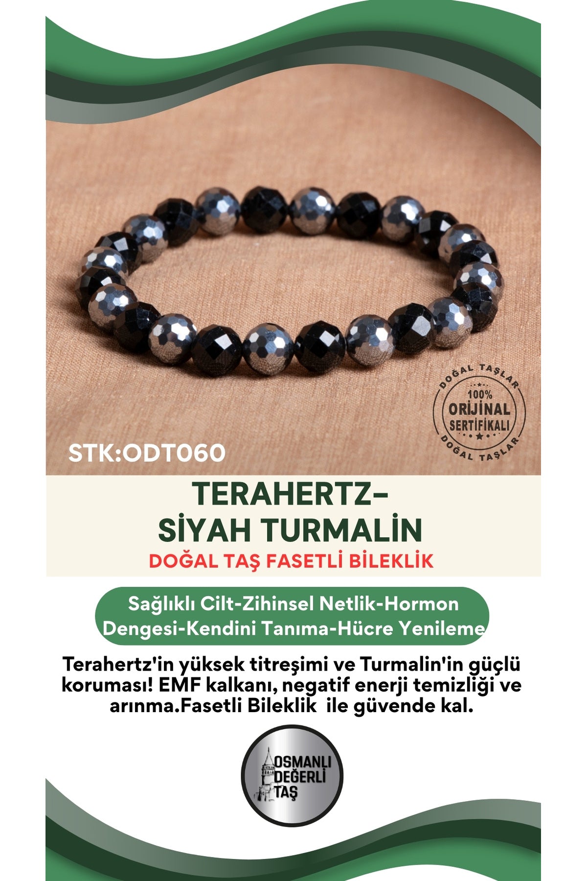 Sertifikalı Terahertz-Siyah Turmalin Doğal Taş Fasetli Bileklik ODT060