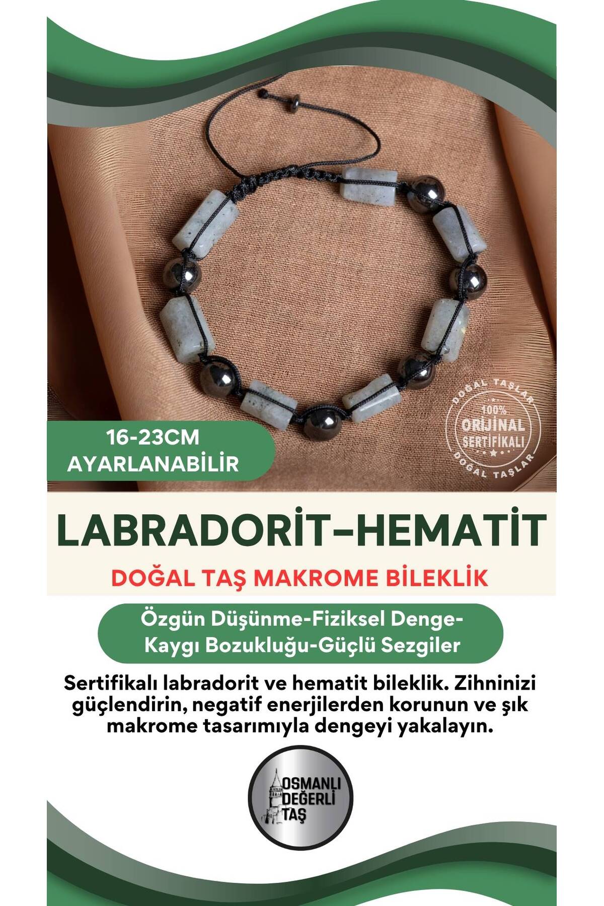 SERTİFİKALI Labrodorit-Hematit Doğal Taş Ayarlanabilir Makrome Bileklik