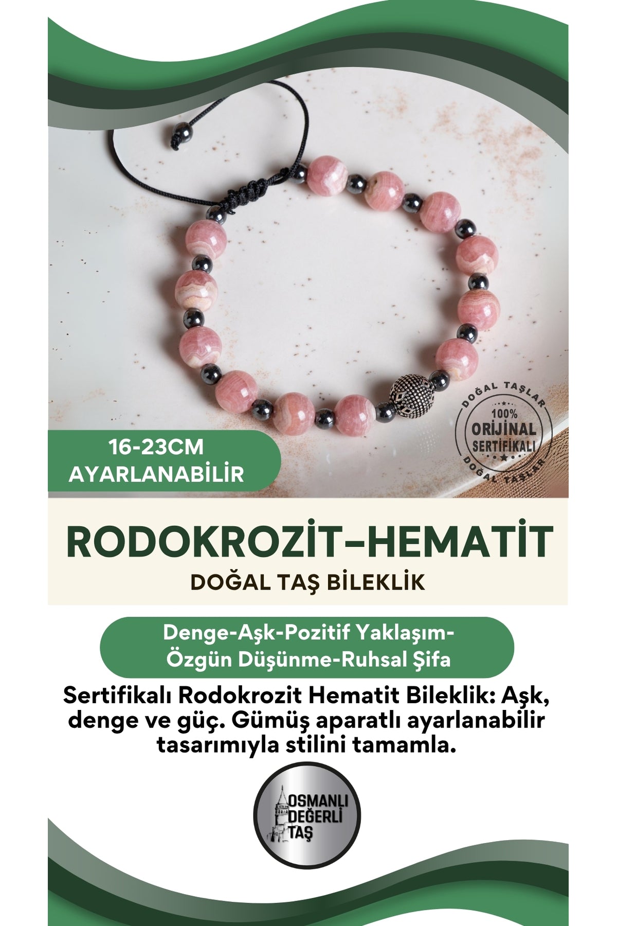 SERTİFİKALI Rodokrozit Hematit Doğal Taş Gümüş Aparat Ayarlanabilir Bileklik