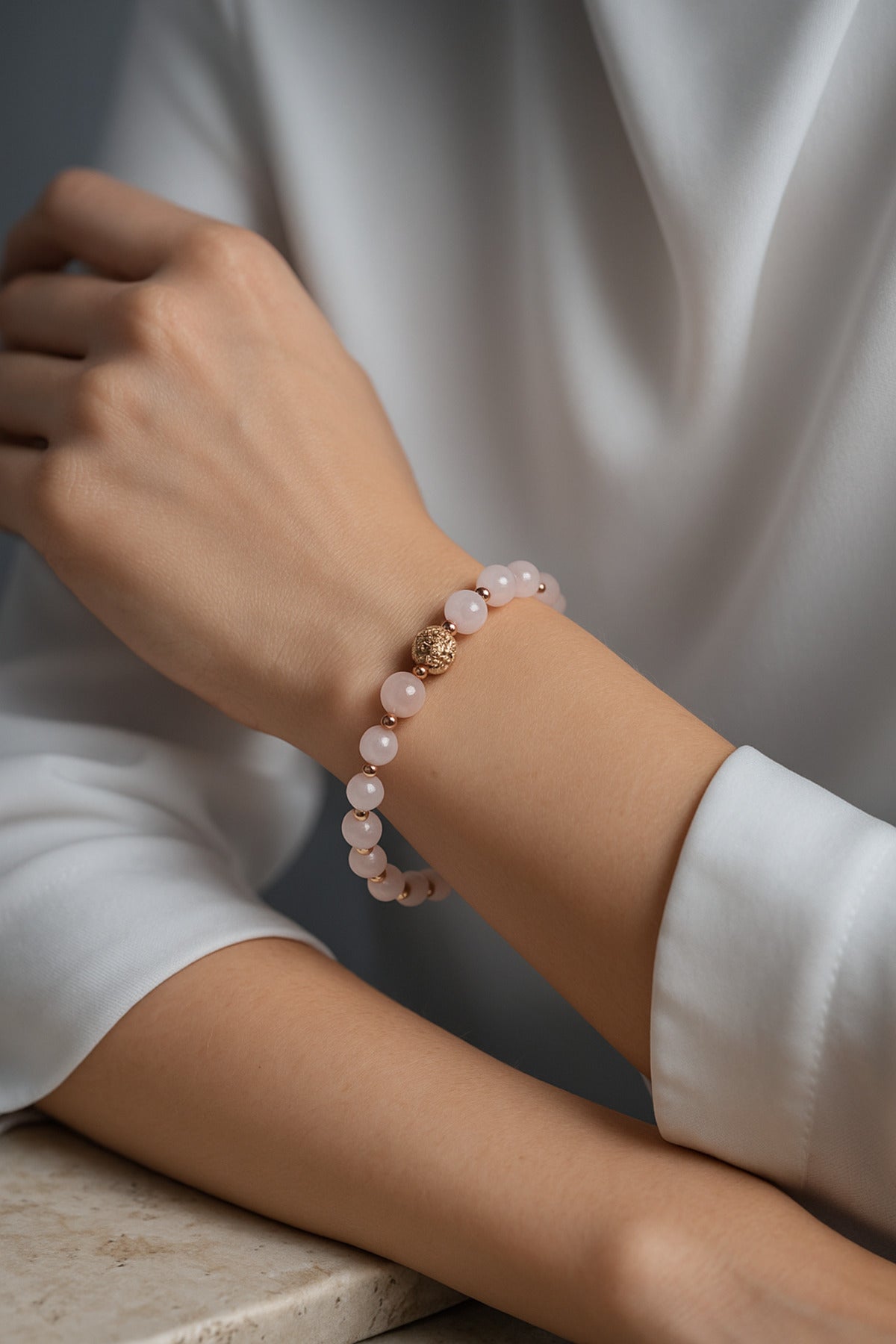 SERTİFİKALI Pembe Kuvars-Hematit Doğal Taş Zirkon Aparatlı Bileklik 6-8 mm