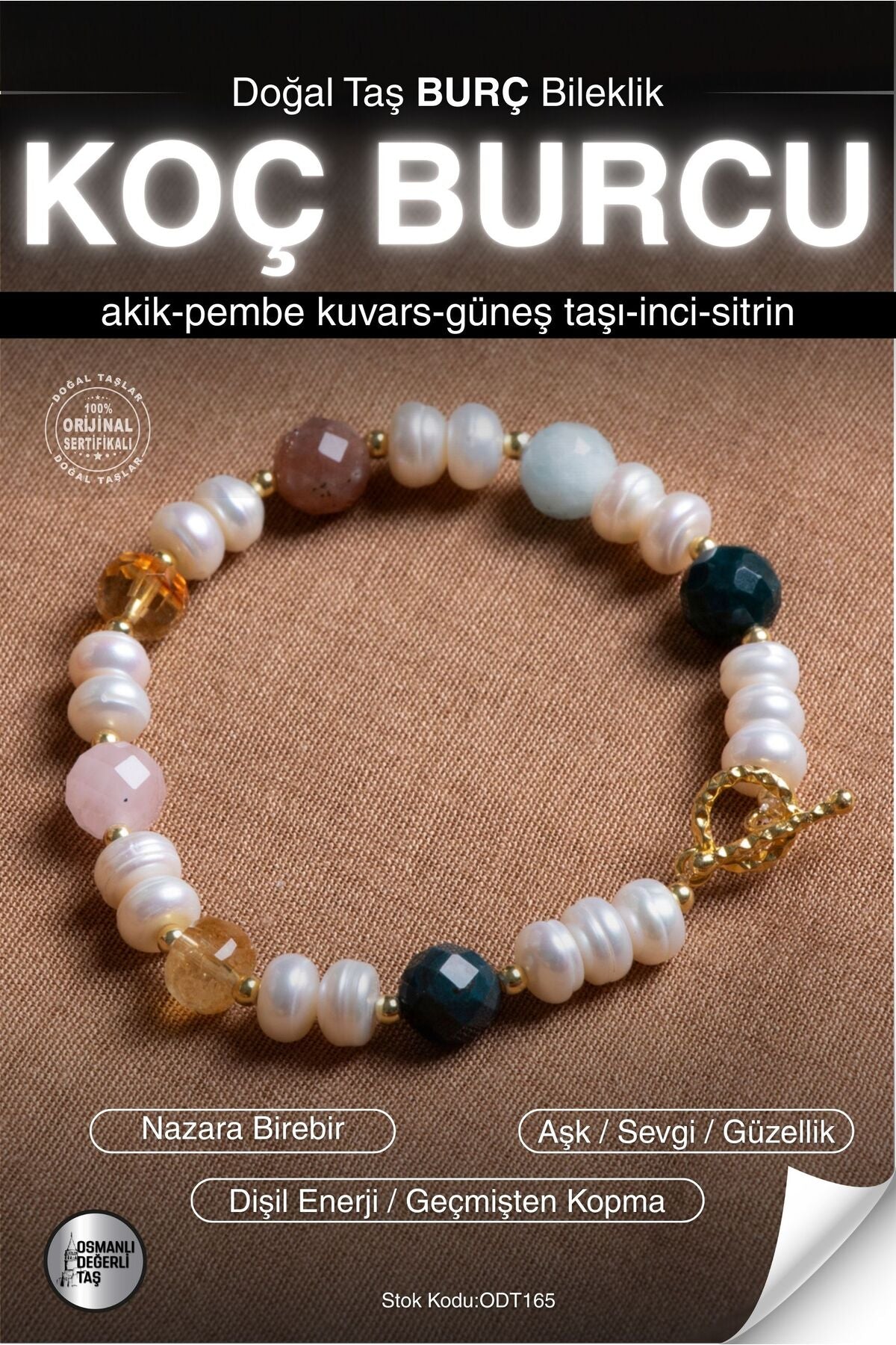 SERTİFİKALI Akik-Pembe k.-Güneş Taşı-İnci-Sitrin Koç Burcu Doğal Taş Gümüş Aparat Bileklik ODT165