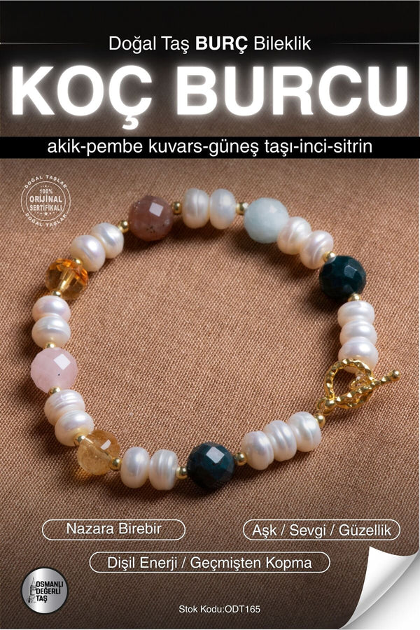 SERTİFİKALI Akik-Pembe k.-Güneş Taşı-İnci-Sitrin Koç Burcu Doğal Taş Gümüş Aparat Bileklik ODT165