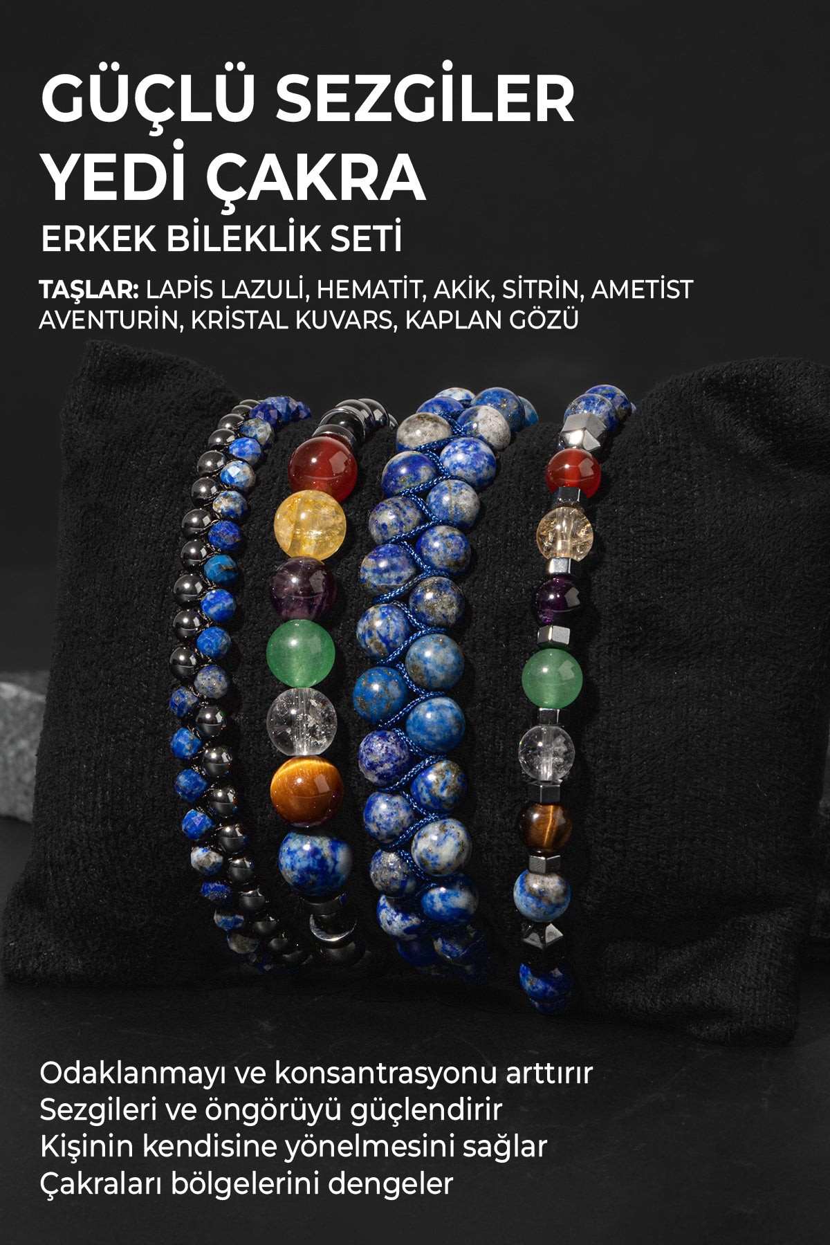 Güçlü Sezgiler & Yedi Çakra Bileklik Seti Lapis, Akik, Sitrin, Kaplan Gözü Sertifikalı Doğal Taşlı