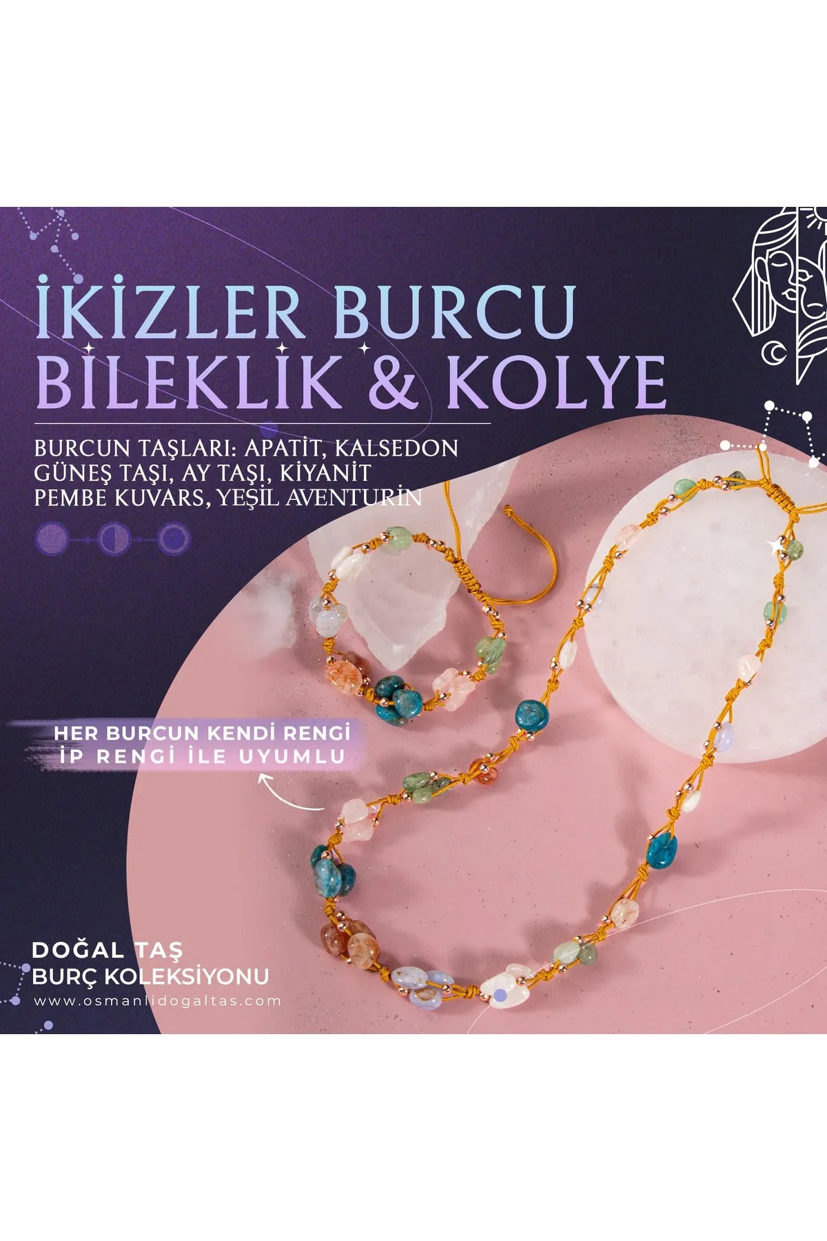 Ikizler Burcu Doğal Taş Natürel Makrome Kolye Bileklik Seti