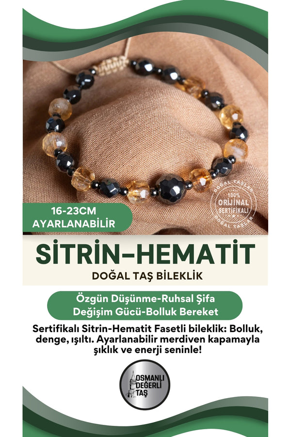 SERTİFİKALI Sitrin Fasetli Hematit Doğal Taş Merdiven Kapama Ayarlamalı Bileklik