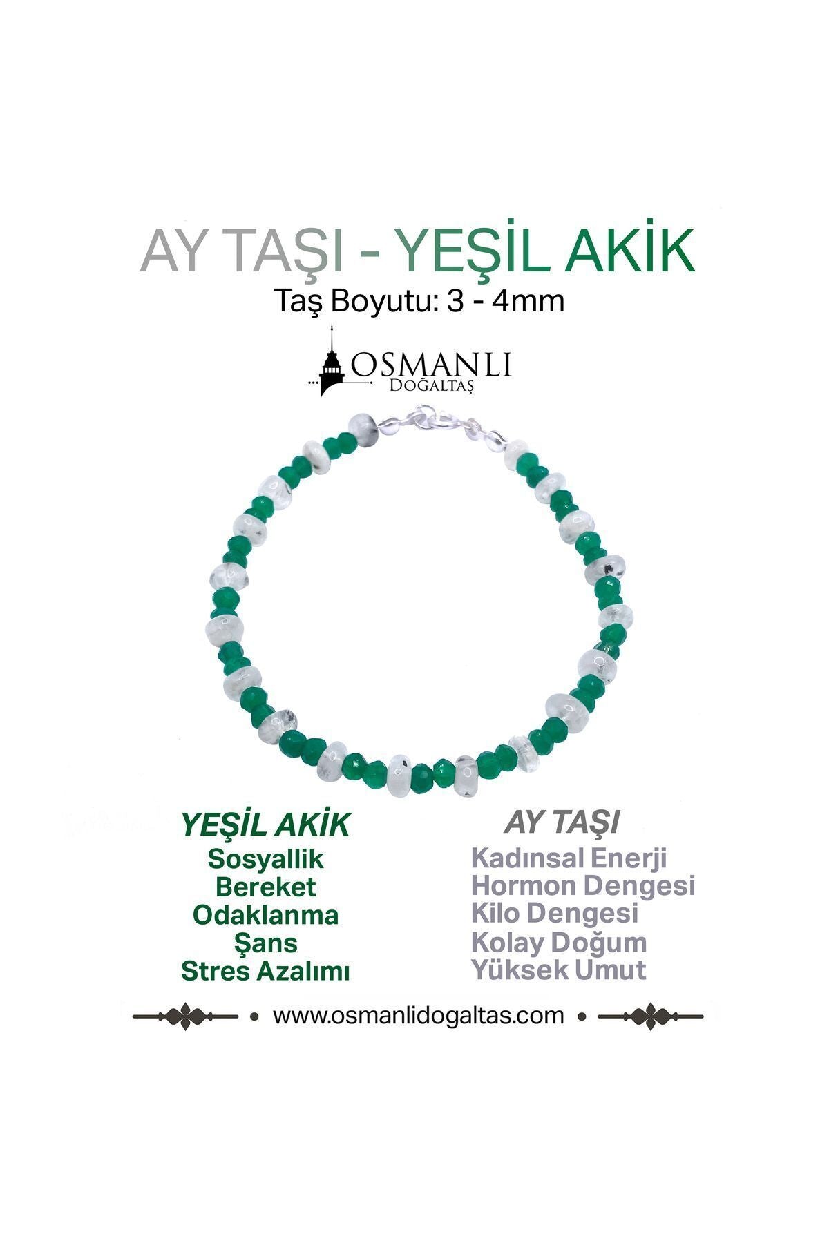 Yeşil Akik - Ay Taşı 4mm Doğal Taş Bileklik Gümüş Kapama