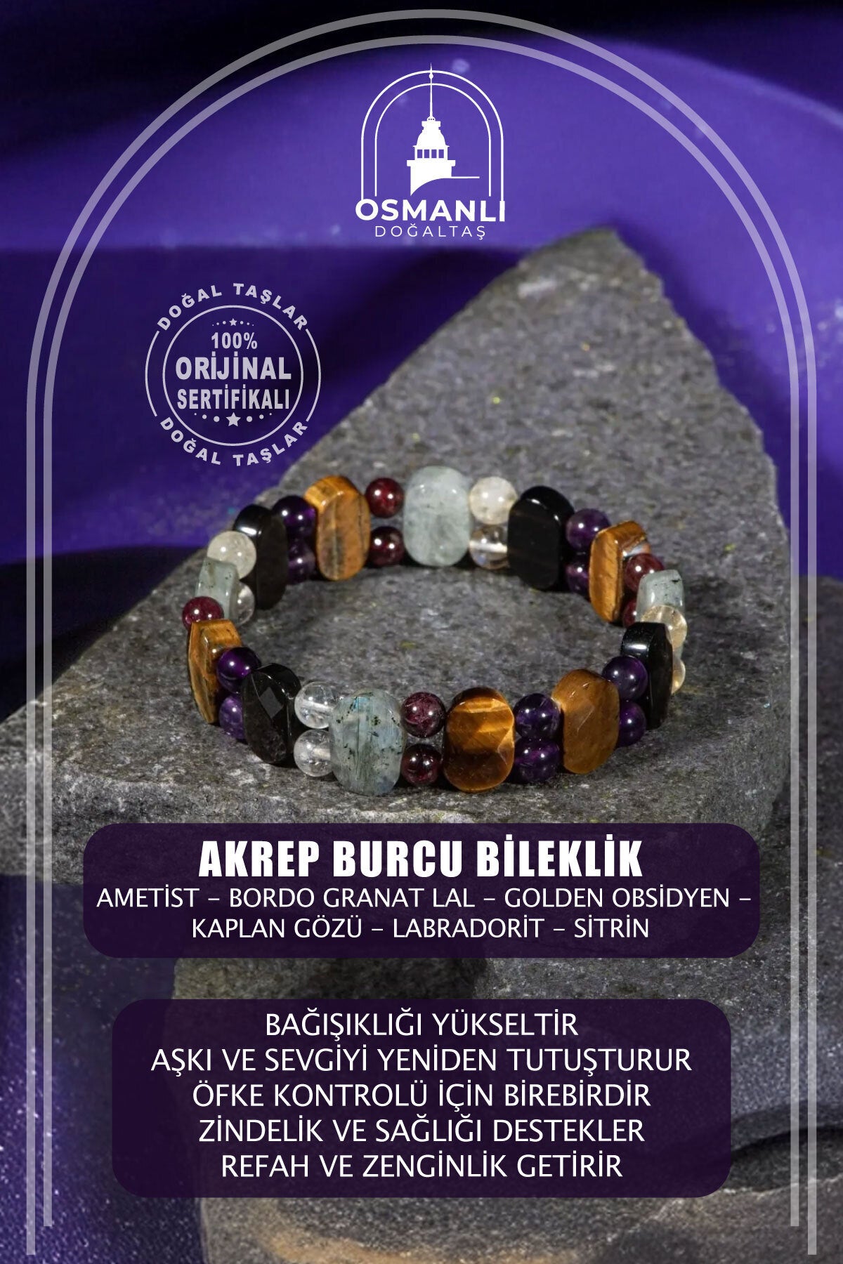 Akrep Burcu Doğal Taş Geniş Kesim El Yapımı Bileklik