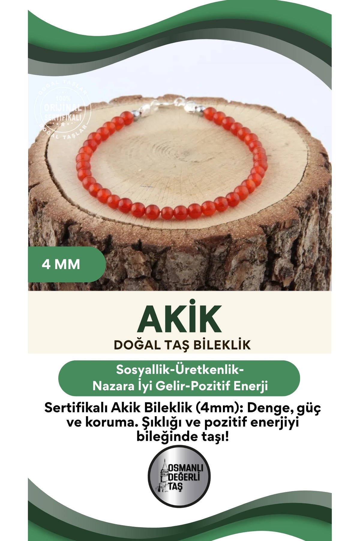 Sertifikalı Akik Doğaltaş Bileklik 4 mm B886