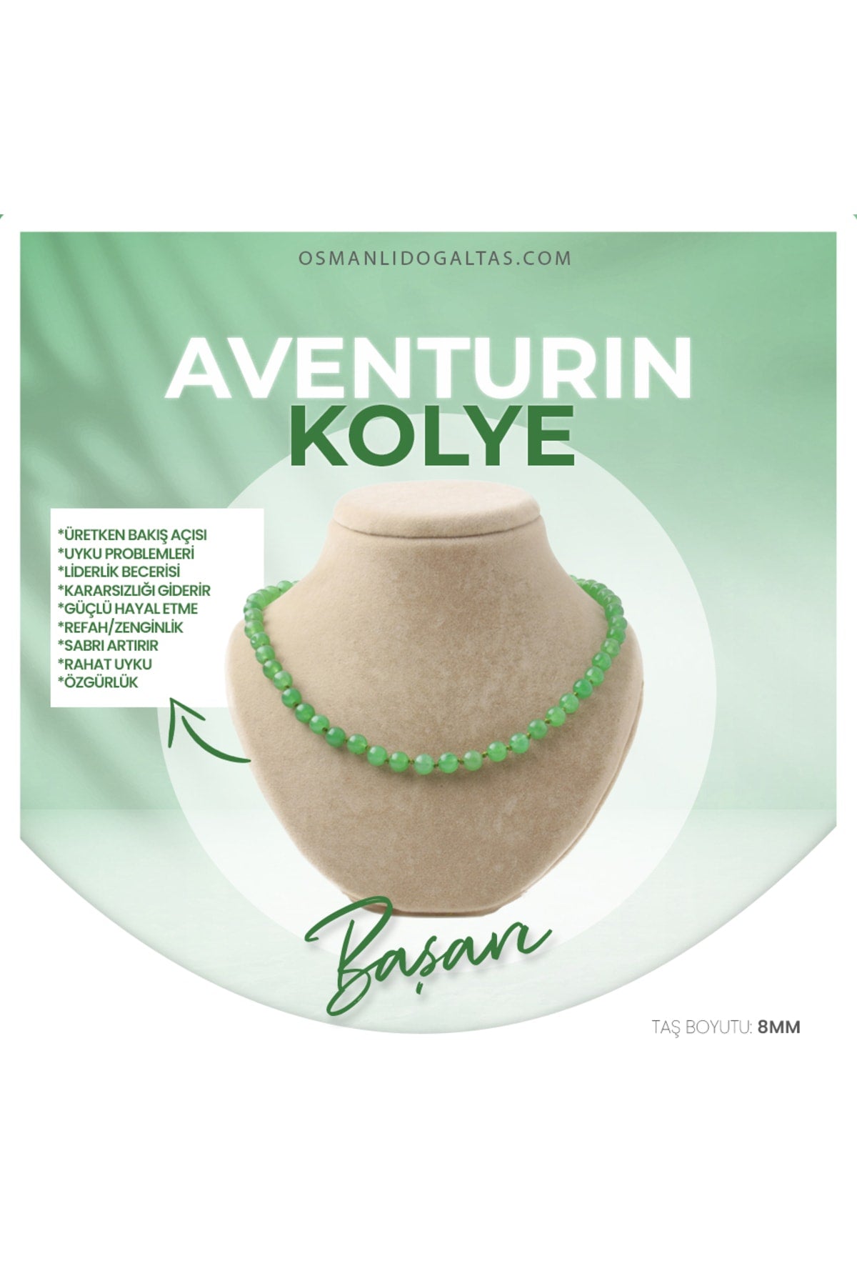 Sertifikalı Aventurin Doğaltaş Kolye 8 Mm, M508