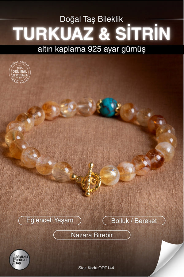 Sertifikalı TURKUAZ & SİTRİN Doğal Taş Altın Kaplama Bileklik ODT144