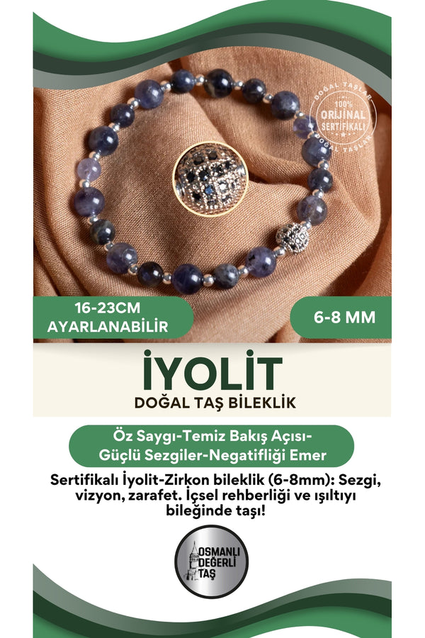 SERTİFİKALI İyolit Doğal Taş zirkon aparat Bileklik 6-8 mm