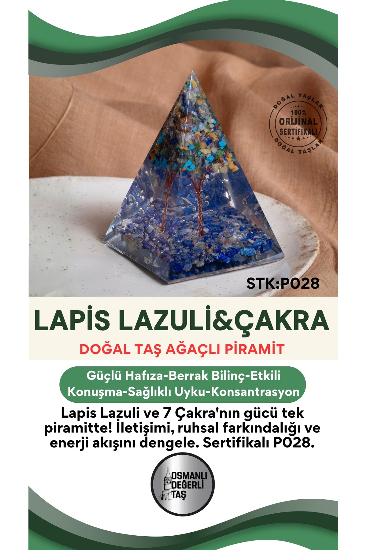 Sertifikalı Lapiz Lazuli& Çakra Doğal Taş Piramit P028