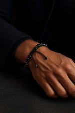 SERTİFİKALI Hematit-Obsidyen Doğal Taş Ayarlanabilir Makrome Bileklik 6 mm