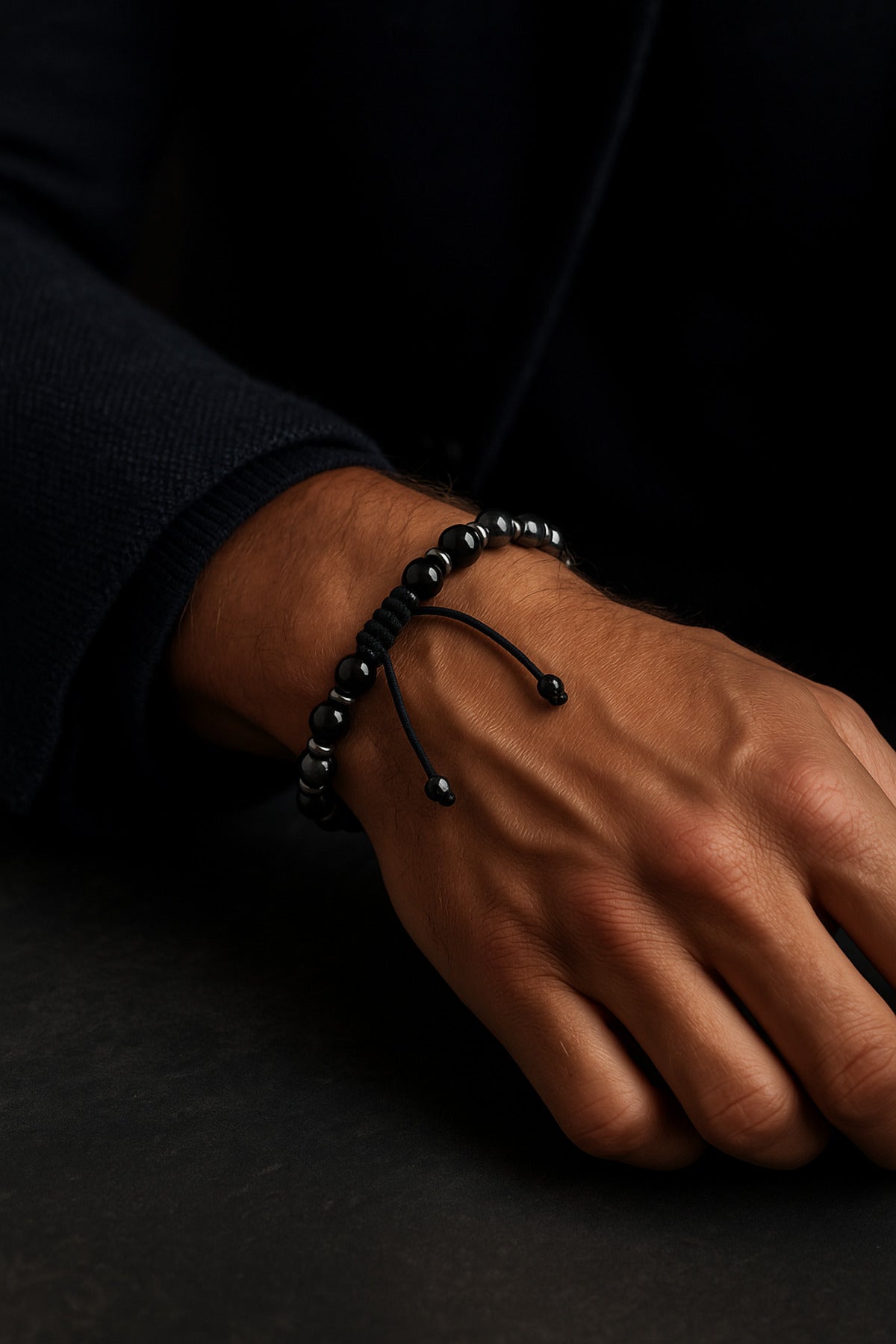 SERTİFİKALI Hematit-Obsidyen Doğal Taş Ayarlanabilir Makrome Bileklik 6 mm