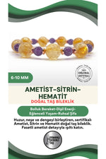 Sertifikalı Hakiki Orijinal 6mm Fasetli Ametist - 10mm Sitrin - Hematit Doğal Taş Misinalı Bileklik
