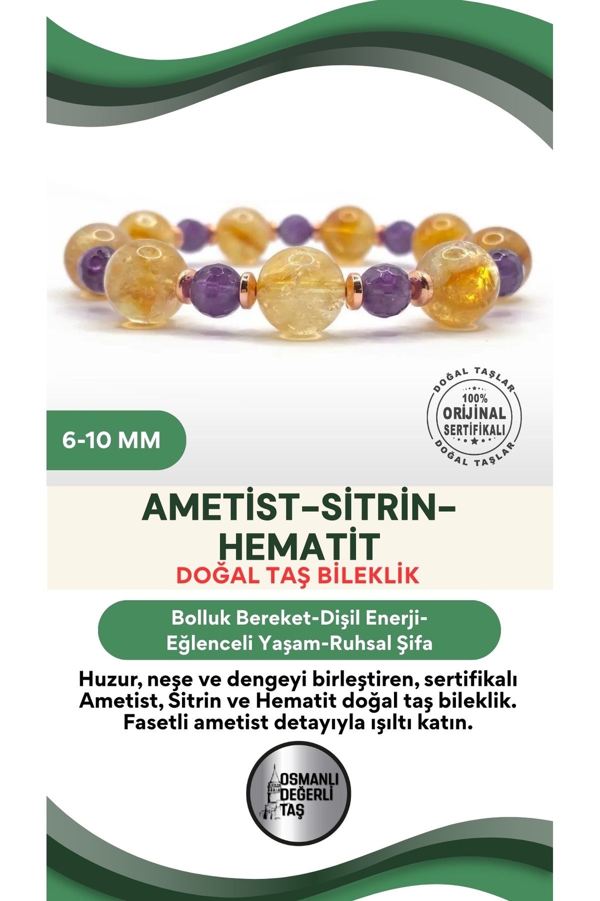 Sertifikalı Hakiki Orijinal 6mm Fasetli Ametist - 10mm Sitrin - Hematit Doğal Taş Misinalı Bileklik