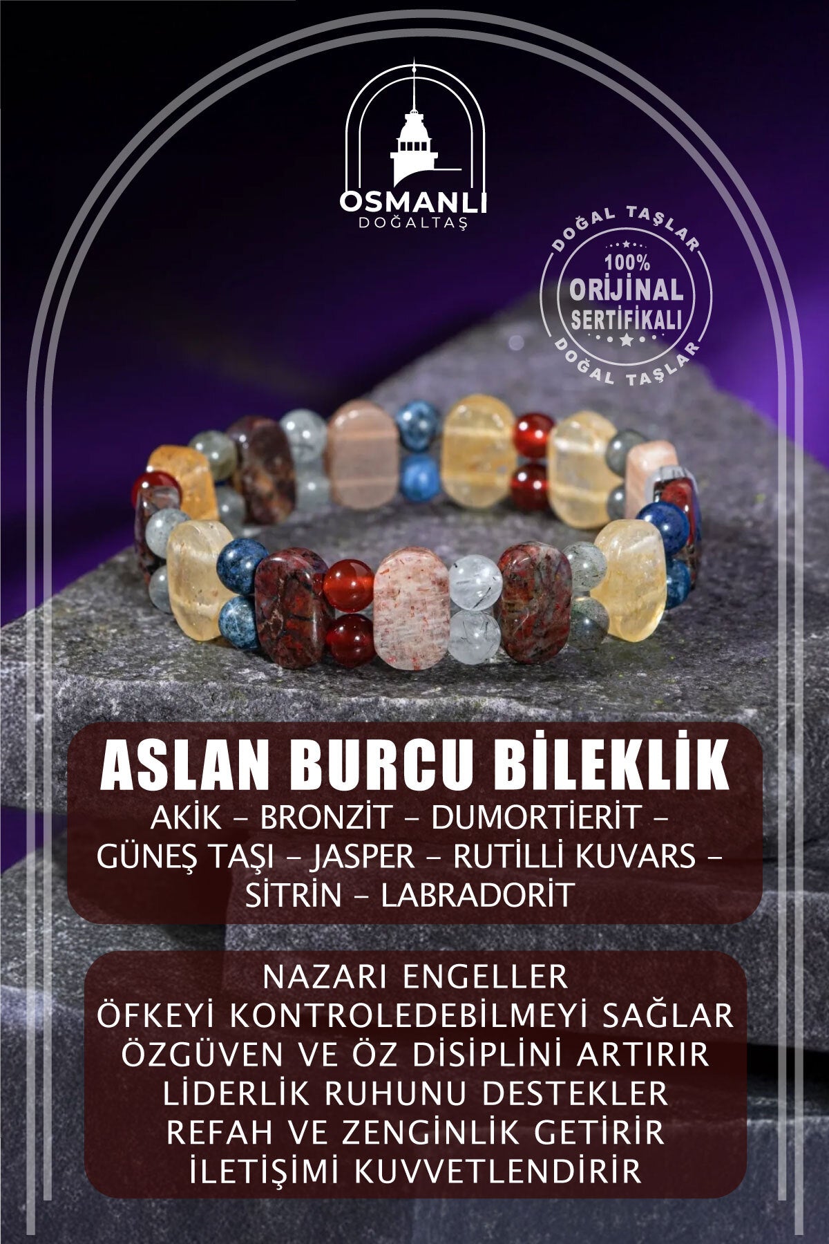 Aslan Burcu Doğal Taş Geniş Kesim El Yapımı Bileklik