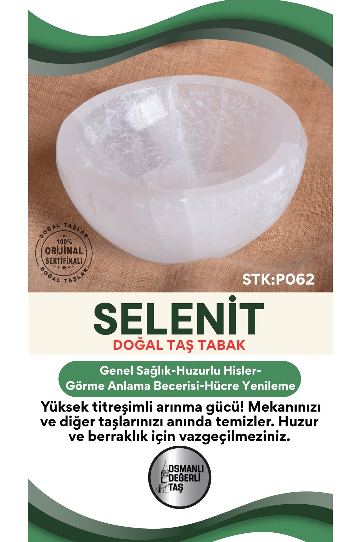Sertifikalı Selenit Doğal Taş Yuvarlak Tabak No:3 P062