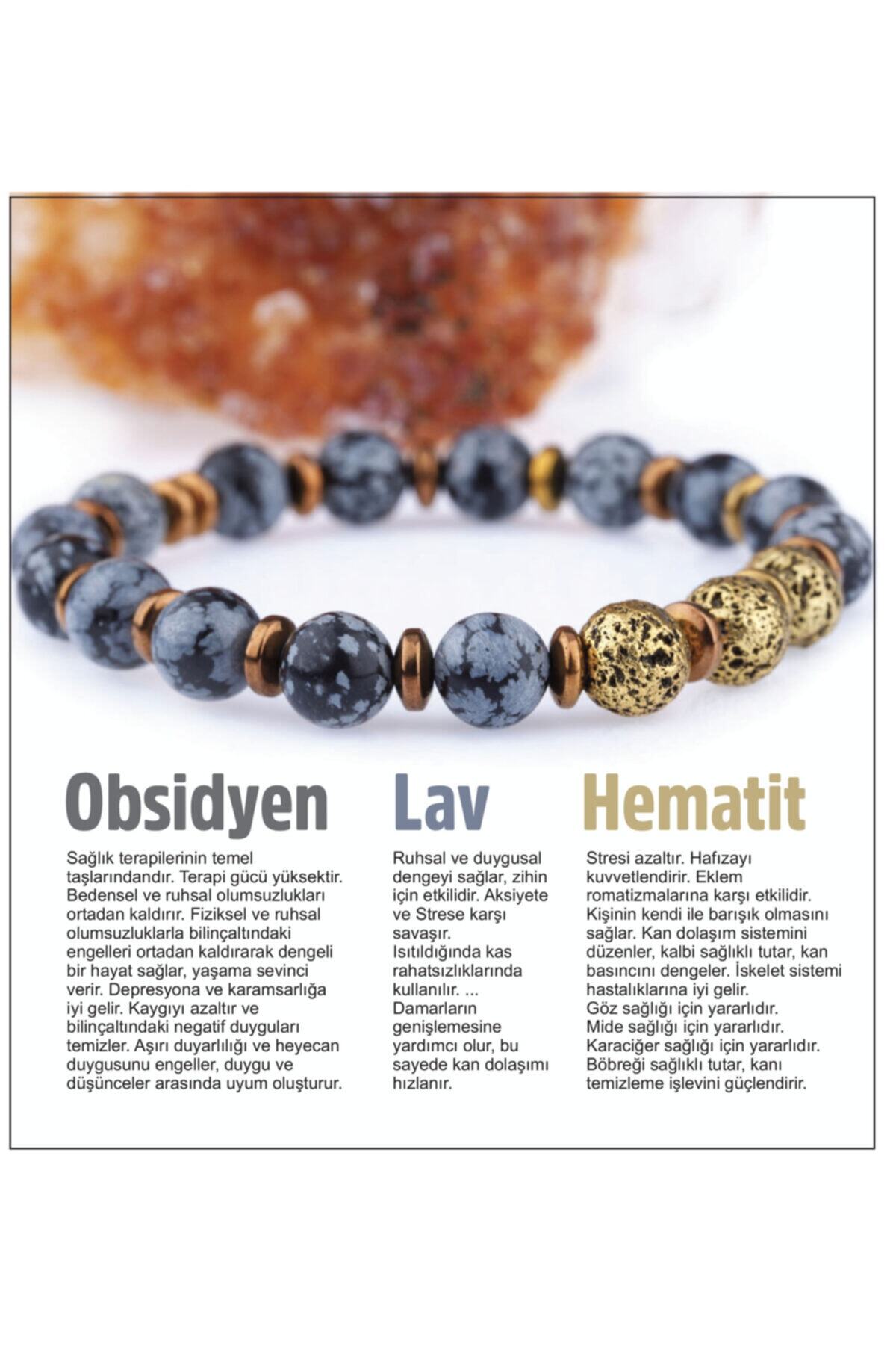 Sertifikalı Doğal Taş Bileklik - Obsidyen,lav,hematit